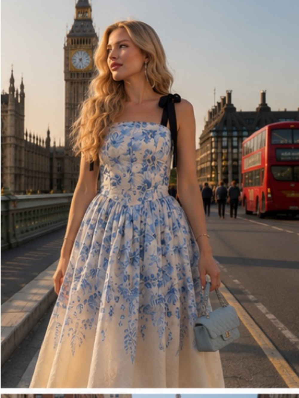 Floral Blue & White Tie-Shoulder Midi Dress - Picture 4 of 13